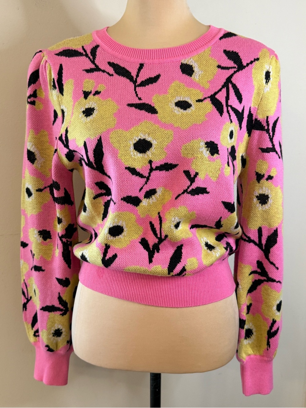 Voy preppy chic wool blend floral sweater long sleeve pink yellow black SM